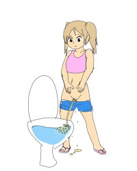 1girl :3 bathroom blue_eyes blue_shorts breasts brown_hair clothes_pull collarbone flip-flops highres long_hair looking_down medium_breasts navel panties panty_pull papergami peeing pink_footwear pink_shirt puddle pussy sandals shirt shorts shorts_pull smile standing tank_top toilet toilet_use twintails uncensored underwear wet wet_clothes wet_shorts white_background white_panties rating:Explicit score:16 user:cpee