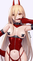 1girl alternate_breast_size arm_up armpits bandaid bandaids_on_nipples blonde_hair bondage_outfit breasts chainsaw_man corset cowboy_shot cross-shaped_pupils crossed_bandaids detached_collar elbow_gloves gloves groin hand_on_own_hip highres horns jurrig long_hair looking_at_viewer medium_breasts mouth_pull navel open_mouth panties pasties power_(chainsaw_man) red_gloves red_horns red_panties revision sharp_teeth simple_background solo symbol-shaped_pupils teeth thong topless twitter_username underbust underwear upper_teeth_only very_long_hair white_background yellow_eyes rating:Questionable score:89 user:danbooru