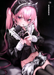  1girl absurdres animal animal_on_lap black_jacket black_thighhighs bottomless breasts cat cat_on_lap cellphone cleavage dengeki_moeou gothic_lolita hair_between_eyes hairband highres holding holding_phone jacket lolita_fashion lolita_hairband long_hair long_sleeves navel no_bra no_panties on_lap open_clothes open_jacket phone pink_hair red_eyes sitting small_breasts smartphone solo thighhighs tongue tongue_out twintails very_long_hair yunmi_0527 