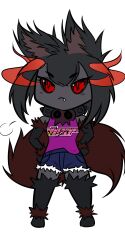  1girl :&lt; animal_ears animal_hands artist_request black_hair black_sclera black_skin chibi closed_mouth collar colored_sclera colored_skin dog_ears dog_girl dog_tail fang flaming_eyes full_body grey_skin hands_on_own_hips hellhound_(monster_girl_encyclopedia) highres long_hair looking_at_viewer monster_girl monster_girl_encyclopedia monster_girl_encyclopedia_ii non-web_source powerpuff_girls puff_of_air red_eyes shirt short_shorts shorts simple_background solo source_request standing tail tank_top white_background 