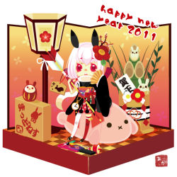  1girl aka_(tetrapod) bad_id bad_pixiv_id rabbit japanese_clothes kadomatsu kimono new_year solo thighhighs  rating:Sensitive score:2 user:danbooru