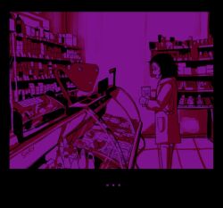  abstract cashier_(milk_series) li_shay milk-chan_(milk_series) milk_inside_a_bag_of_milk_inside_a_bag_of_milk product_placement purple_background shop sweat visual_novel 