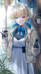  1girl absurdres alternate_costume bandage_on_face bandages black_gloves black_shirt blonde_hair blue_archive blue_bow blue_bowtie blue_eyes blue_halo blurry blurry_background bow bowtie brand_name_imitation brown_jacket bun_cover commentary_request cup dress earrings gfpebs gloves hair_bun halo hand_up highres holding holding_cup jacket jewelry long_sleeves looking_at_viewer maid_headdress open_clothes open_jacket product_placement revision shirt single_hair_bun solo starbucks stud_earrings toki_(blue_archive) tongue tongue_out v white_dress white_headdress 