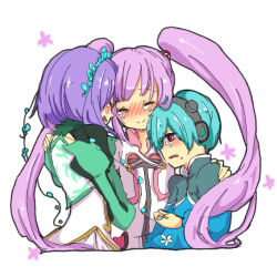 1boy 2girls aqua_hair blush crying dress closed_eyes flower hair_over_one_eye hairband hug jacket jewelry lambda little_queen long_hair multiple_girls open_mouth purple_hair red_eyes short_hair sophie_(tales) tales_of_(series) tales_of_graces tears tiara twintails rating:Sensitive score:6 user:wereAR