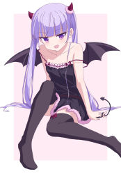  1girl :d bad_id bad_pixiv_id bare_shoulders black_dress black_thighhighs black_wings blunt_bangs blush border collarbone dress flat_chest horns long_hair looking_at_viewer new_game! open_mouth oueo pink_background purple_eyes purple_hair short_dress sitting sleeveless sleeveless_dress smile solo spaghetti_strap strap_slip suzukaze_aoba thighhighs twintails very_long_hair white_border wings zettai_ryouiki  rating:Sensitive score:59 user:danbooru