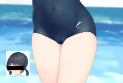  1girl bar_censor black_hair blue_one-piece_swimsuit cameltoe censored close-up covered_navel identity_censor loli low_twintails lower_body makigai ocean one-piece_swimsuit original school_swimsuit short_hair solo swimsuit thighs twintails  rating:Questionable score:126 user:danbooru