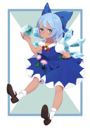  1girl blue_bow blue_dress blue_eyes blue_hair bow breasts brown_footwear cirno collared_shirt dress flower hair_bow hair_flower hair_ornament highres ice ice_wings neck_ribbon pandako pinafore_dress plant red_ribbon ribbon shirt shoes short_dress short_hair sleeveless_dress small_breasts socks solo sunflower sunflower_hair_ornament tan tanned_cirno touhou vines white_background wings 
