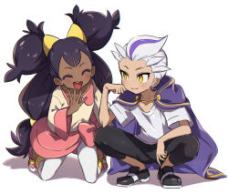  1boy 1girl :d ^_^ black_pants cape closed_eyes closed_mouth commentary_request creatures_(company) drayton_(pokemon) game_freak highres iris_(pokemon) leftporygon long_hair multicolored_hair nintendo open_mouth pants pokemon pokemon_bw pokemon_sv purple_cape purple_hair shirt short_hair simple_background smile squatting streaked_hair two-tone_hair white_background white_hair white_shirt yellow_eyes 