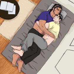  2boys absurdres bara belly chin_rest closed_eyes clothes_lift contemporary couple cuddling dark-skinned_male dark_skin facial_hair from_above full_body futon goatee_stubble golden_kamuy hair_down hair_slicked_back hairy hand_under_clothes hand_under_shirt head_on_head head_rest highres hug interracial kikuta_mokutaro lifting_another&#039;s_clothes long_hair loose_hair_strand lying male_focus mature_male midriff_peek multiple_boys muscular muscular_male mutual_hug on_bed on_side pectorals plump rikimatsu_ariko scar scar_on_face scar_on_forehead shirt shirt_lift short_hair sleeping stubble t-shirt thick_arm_hair thick_eyebrows thick_navel_hair wrrmfla yaoi 