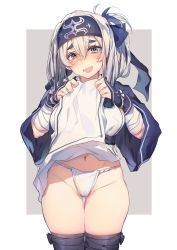 10s 1girl ainu_clothes black_thighhighs blue_eyes blush breasts clothes_lift cowboy_shot folded_ponytail fundoshi hair_between_eyes headband highres japanese_clothes kamoi_(kancolle) kantai_collection lifting_own_clothes long_hair long_sleeves looking_at_viewer medium_breasts navel open_mouth sideboob smile solo soukou_makura standing thick_eyebrows thigh_gap thighhighs white_hair wide_sleeves rating:Questionable score:19 user:danbooru