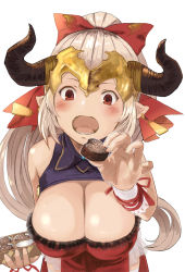 10s 1girl aliza_(granblue_fantasy) bare_arms bare_shoulders bow breasts chocolate cleavage draph earrings female_focus granblue_fantasy highres horns jewelry large_breasts long_hair looking_at_viewer open_mouth pointy_ears simple_background solo thighhighs very_long_hair walkalone white_background rating:Questionable score:23 user:huzzaman