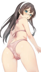  1girl ass back bikini black_hair blue_eyes blush commentary cowboy_shot from_behind from_below glasses hairband halterneck highres kantai_collection long_hair looking_at_viewer looking_back ooyodo_(kancolle) open_mouth pink_bikini revision sakieko sidelocks simple_background solo standing swimsuit thigh_gap thighs white_background white_hairband 