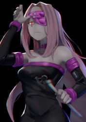  1girl absurdres bad_id bad_pixiv_id bare_shoulders blindfold breasts chain chromatic_aberration cleavage collar cosplay dress fate/grand_order fate/stay_night fate_(series) highres huihuimao little_witch_academia long_hair looking_at_viewer medusa_(fate) medusa_(rider)_(fate) medusa_(rider)_(fate)_(cosplay) one_eye_covered pale_skin purple_eyes purple_hair red_eyes ribbon simple_background solo strapless strapless_dress sucy_manbavaran thighhighs zettai_ryouiki  rating:Sensitive score:17 user:danbooru