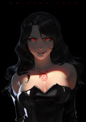  1girl absurdres alex_malveda artist_name black_hair breasts chest_tattoo elbow_gloves fullmetal_alchemist gloves glowing glowing_eyes highres latex long_hair looking_at_viewer lust_(fma) makeup ouroboros red_eyes shadow shiny_clothes solo tattoo upper_body 
