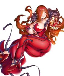  1girl ass astaroth_(taimanin_asagi) bare_shoulders breasts cleavage curvy dress female_focus fire grin highres huge_ass huge_breasts lilith-soft long_hair looking_at_viewer magic no_bra partially_visible_vulva potion_(moudamepo) red_hair shiny_skin sideboob simple_background smile solo taimanin_(series) taimanin_asagi taimanin_asagi_kessen_arena thick_thighs thighs white_background yellow_eyes  rating:Questionable score:51 user:fakyuh