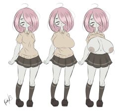  alternate_breast_size blush breasts breasts_apart clothes_lift colored_skin dullvivid grey_skin highres huge_breasts little_witch_academia pink_hair red_eyes sagging_breasts shirt_lift skirt sucy_manbavaran  rating:Explicit score:30 user:Animepsyco