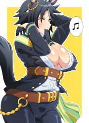  1girl ahoge animal_ears arms_up belt black_hair black_jacket black_necktie black_pants blue_eyes breasts brown_belt center_frills cleavage collared_shirt commentary_request cowboy_shot ear_ornament ear_piercing frilled_shirt frills fuji_kiseki_(umamusume) gloves hair_between_eyes highres horse_ears horse_girl horse_tail jacket kani_club large_breasts long_sleeves looking_at_viewer mouth_hold multicolored_hair musical_note necktie one_eye_closed open_clothes open_jacket pants piercing shirt shirt_tucked_in short_hair sidelocks smile solo spoken_musical_note standing streaked_hair tail umamusume underbust white_hair white_shirt yellow_background 