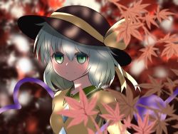  1girl blurry blurry_background bow breasts frilled_shirt_collar frilled_sleeves frills green_eyes green_hair hair_bow hat hat_ribbon heart heart_of_string highres ixinrainman komeiji_koishi leaves looking_at_viewer ribbon shade shirt short_hair small_breasts smile third_eye touhou yellow_bow yellow_shirt  rating:Sensitive score:1 user:WordedPuppet