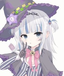  1girl :p blue_eyes blue_hair cosplay gawr_gura hair_ornament hat hololive hololive_english looking_at_viewer multicolored_hair murasaki_shion murasaki_shion_(cosplay) nyanyan_nya pentagram shark_hair_ornament short_twintails solo tongue tongue_out twintails v virtual_youtuber white_background white_hair witch_hat  rating:General score:6 user:Biyarri