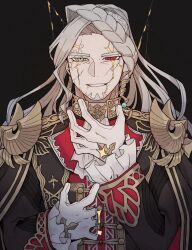 1boy alessandro_di_cagliostro_(fate) ascot beard black_background black_coat braid coat cracked_background cracked_skin facial_hair facial_mark fate/grand_order fate_(series) gloves goatee gold_trim green_eyes grey_hair heterochromia highres long_hair looking_at_viewer male_focus red_eyes shoulder_boards simple_background smile solo white_ascot yofukasi782  rating:General score:4 user:danbooru