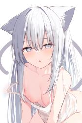  1girl :o absurdres all_fours animal_ears blush breasts camisole cat_ears cat_girl cat_tail collarbone fang grey_eyes highres long_hair looking_at_viewer memekko original parted_lips simple_background skin_fang small_breasts solo tail white_background white_camisole white_hair 