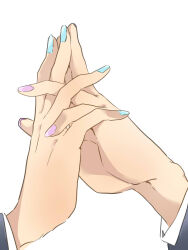  2girls ayase_eli blue_nails close-up commentary_request hand_focus highres holding_hands kashikaze long_sleeves love_live! love_live!_school_idol_project multiple_girls nail_polish pink_nails simple_background tojo_nozomi white_background yuri  rating:General score:5 user:danbooru