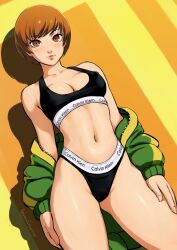  1girl black_sports_bra breasts brown_eyes brown_hair calvin_klein cleavage commission green_jacket hand_on_own_thigh hands_on_own_thighs highleg highleg_panties highres jacket looking_at_viewer medium_breasts navel off_shoulder open_clothes open_jacket oppaiserothicc panties persona persona_4 satonaka_chie short_hair smile solo sports_bra standing thighs track_jacket underwear underwear_only underwear_writing  rating:Sensitive score:206 user:danbooru