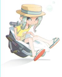  1girl aqua_eyes aqua_hair bloblobber_(splatoon) boater_hat bubble chromatic_aberration closed_mouth commentary flip-flops floating full_body green_footwear hand_rest knees_together_feet_apart looking_to_the_side medium_hair multicolored_footwear nintendo octoling octoling_girl octoling_player_character pointy_ears red_footwear sandals shadow shima_(5p6p7p) shirt shoe_soles short_sleeves simple_background sitting smile splatoon_(series) splatoon_2 split_mouth symbol-only_commentary tentacle_hair three_quarter_view white_background white_footwear yellow_shirt 