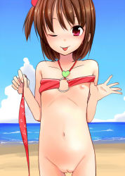  1girl ;p beach bikini bikini_top_lift bottomless brown_hair cleft_of_venus clothes_lift cloud female_focus flat_chest fuyuno_mikan hair_bobbles hair_ornament loli navel nipples o-ring o-ring_bikini o-ring_top ocean one_eye_closed one_side_up original panties unworn_panties purple_eyes pussy short_hair sky smile solo swimsuit tongue tongue_out uncensored underwear water wink  rating:Explicit score:116 user:sytalidis