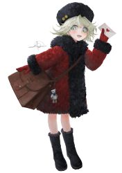  1girl bag blush boots charm_(object) coat commentary_request fang full_body fur-trimmed_coat fur_hat fur_trim gloves green_eyes green_hair hat heart highres holding holding_letter io_(io_oekaki) letter looking_at_viewer mailman open_mouth original papakha red_coat red_gloves short_hair shoulder_bag simple_background smile solo white_background 