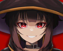 1girl black_cape black_choker black_hat bright_pupils brown_hair cape choker close-up commentary drop_shadow excited eyelashes grin hat highres kono_subarashii_sekai_ni_shukufuku_wo! looking_at_viewer lyourika megumin parted_lips portrait red_background red_eyes ringed_eyes short_hair short_hair_with_long_locks simple_background smile solo staring straight-on teeth white_pupils witch_hat  rating:General score:37 user:danbooru