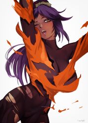 1girl :o bleach blush bodystocking breasts covered_abs covered_collarbone covered_navel dark-skinned_female dark_skin highres large_breasts long_hair looking_at_viewer nextoad one_eye_closed open_mouth orange_shirt parted_bangs ponytail purple_hair shihouin_yoruichi shirt signature solo sweatdrop teeth thigh_gap toned torn_bodystocking torn_clothes torn_shirt turtleneck upper_teeth_only white_background yellow_eyes  rating:Sensitive score:13 user:danbooru