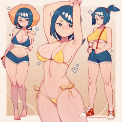  1girl absurdres armpits bikini blue_eyes blue_hair blush breasts bright_pupils collarbone cosplay creatures_(company) crop_top game_freak hair_ornament heart highres lana&#039;s_mother_(pokemon) large_breasts looking_at_viewer low_ponytail mature_female midriff misty_(pokemon) misty_(pokemon)_(cosplay) multiple_views navel nintendo pokemon pokemon_(anime) pokemon_(classic_anime) pokemon_sm_(anime) satelyte shorts side-tie_bikini_bottom side_ponytail smile solo suspenders swimsuit white_pupils yellow_bikini 