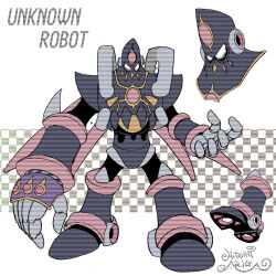  1boy android ariga_hitoshi armlet armor artist_name black_bodysuit bodysuit boots breastplate character_name character_sheet checkered_background chest_jewel commentary_request concept_art evil_robot_(mega_man) forehead_jewel full_body gauntlets glowing glowing_eyes gradient_background grey_background grey_footwear highres industrial_pipe knee_boots looking_ahead male_focus mega_man_(classic) mega_man_(series) mega_man_8 mega_man_megamix multiple_views no_humans no_mouth pink_gemstone portrait purple_footwear robot robot_ears scanlines shoe_soles shoulder_armor signature simple_background single_gauntlet standing straight-on three_quarter_view vambraces white_background white_eyes 