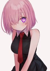  1girl absurdres bare_shoulders black_dress blush breasts closed_mouth collared_dress commentary_request dress fate/grand_order fate_(series) hair_over_one_eye harukappa highres looking_at_viewer mash_kyrielight medium_breasts necktie one_eye_covered pink_hair purple_eyes red_necktie short_hair simple_background sleeveless sleeveless_dress smile solo white_background 