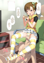 1boy 1girl blush brown_hair cameltoe censored cleft_of_venus clothed_female_nude_male cunnilingus cunnilingus_through_clothes feet femdom flat_chest footjob futami_mami girl_on_top handheld_game_console hard-translated hetero highres hood hoodie idolmaster idolmaster_(classic) loli mosaic_censoring multitasking no_shoes nude oral panties penis playing_games playstation_portable pussy_juice pussy_juice_trail shin&#039;ya_(shin&#039;yanchi) shiny_skin sitting sitting_on_face sitting_on_person skirt sleeveless sleeveless_hoodie socks spread_legs striped_clothes striped_panties striped_thighhighs sweat text_focus thighhighs third-party_edit tile_floor tiles translated underwear wet wet_clothes wet_panties rating:Explicit score:342 user:StolenTranslations