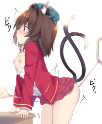 1girl 1other animal_ear_fluff animal_ears blush breasts breasts_out brown_hair cat_ears cat_tail chen closed_mouth commentary_request cowboy_shot earrings from_side hat jacket jewelry leaning_forward looking_ahead medium_hair mob_cap multiple_tails nekomata nipples nose_blush pink_ribbon profile red_eyes red_jacket red_skirt ribbon simple_background skirt small_breasts solo_focus tail touhou two_tails usagimiko wedgie white_background  rating:Questionable score:110 user:danbooru