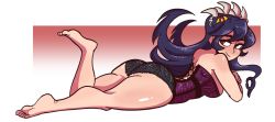  1girl ass barefoot corset feet filia_(skullgirls) lace lying on_stomach panties skullgirls smile solo the_pose underwear  rating:Questionable score:22 user:ecchi-lover