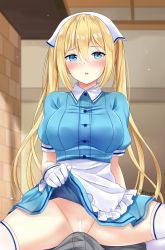 1boy 1girl apron artist_name blend_s blonde_hair blue_eyes blush breasts bulge cameltoe clothes_lift erection erection_under_clothes gloves hair_between_eyes hinata_kaho indoors kaetzchen large_breasts lifted_by_self long_hair no_panties panties parted_lips pov short_sleeves skirt skirt_lift solo_focus spread_legs thighhighs triangle_mouth twintails underwear waist_apron white_gloves white_panties white_thighhighs rating:Explicit score:49 user:danbooru