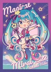  1girl 2022 absurdres amagi_hana blue_eyes blue_hair boots character_name collared_dress dress full_body hatsune_miku headphones headset highres holding holding_microphone_stand long_hair magical_mirai_miku magical_mirai_miku_(2022) microphone_stand multicolored_hair necktie one_eye_closed open_mouth outstretched_arm pink_hair radio_antenna sleeveless sleeveless_dress smile solo star_(symbol) streaked_hair very_long_hair vocaloid white_hair wristband 