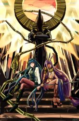  2girls aivis anubis_(mythology) black_footwear boots cleopatra_(fate) cobra_(animal) crossed_legs dark-skinned_female dark_skin earrings egyptian egyptian_clothes facial_mark fate/grand_order fate_(series) green_hair highres jewelry knee_boots long_hair looking_at_viewer looking_down low-tied_long_hair multiple_girls nitocris_(fate) pantyhose pantyhose_under_shorts purple_hair scepter shorts sitting sitting_on_stairs stairs statue very_long_hair 