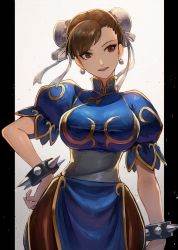  1girl bracelet breasts brown_eyes brown_hair capcom china_dress chinese_clothes chun-li commentary_request double_bun dress earrings gradient_background hair_bun hair_ornament hand_on_own_hip highres jewelry kuroi_susumu lips looking_to_the_side medium_breasts open_mouth pantyhose pelvic_curtain puffy_short_sleeves puffy_sleeves short_sleeves simple_background smile solo spiked_bracelet spikes street_fighter turtleneck  rating:General score:42 user:danbooru