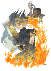 2boys armor ashlena_sharma baggy_pants black_gloves blonde_hair blue_eyes buster_sword cloud_strife commentary cowboy_shot earrings english_commentary facial_scar fighting_stance final_fantasy final_fantasy_vii final_fantasy_vii_rebirth final_fantasy_vii_remake fire gloves grey_hair highres holding holding_sword holding_weapon huge_weapon jewelry long_hair male_focus multiple_boys pants parted_lips profile scar scar_on_cheek scar_on_face sephiroth short_hair shoulder_armor signature sleeveless sleeveless_turtleneck spiked_hair stud_earrings suspenders sweater sword turtleneck turtleneck_sweater water_tank water_tower weapon white_background zack_fair