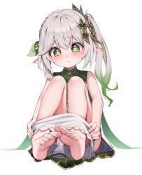  1girl absurdres bloomers blush closed_mouth commentary_request cross-shaped_pupils feet female_focus full_body genshin_impact green_eyes green_hair grey_hair hair_ornament highres knees_up korean_commentary leaf_hair_ornament loli long_hair looking_at_viewer mannack multicolored_hair nahida_(genshin_impact) pointy_ears side_ponytail soles solo streaked_hair symbol-shaped_pupils toenails toes underwear undressing white_bloomers  rating:Questionable score:115 user:danbooru