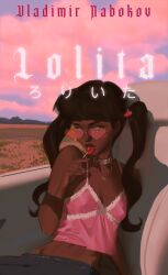  1girl absurdres black_hair black_pants breasts brown_eyes brown_lips camisole candy car_interior choker cloud cloudy_sky commentary cover cover_page covered_erect_nipples dark-skinned_female dark_skin dolores_haze_(nabokov&#039;s_lolita) dusk english_commentary english_text fake_cover fingernails food hair_bobbles hair_ornament heart heart-shaped_eyewear highres holding holding_candy holding_food holding_lollipop lacryboy light-skinned_palms lolita_(1962) lollipop long_hair looking_at_viewer midriff mixed-language_commentary naughty_face navel pants pink-framed_eyewear pink_camisole pink_clouds sexually_suggestive sitting sky small_breasts solo spaghetti_strap sunglasses twintails very_dark_skin  rating:Sensitive score:25 user:danbooru