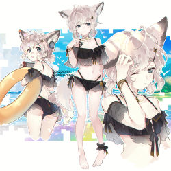1girl animal_ears ankle_strap arknights artist_name ass bare_legs bare_shoulders barefoot bikini black_bikini blonde_hair bracelet breasts cleavage closed_mouth collarbone cropped_torso dated fox_ears fox_girl fox_tail from_behind full_body green_eyes highres hiroe holding innertube jewelry looking_at_viewer looking_back low_twintails material_growth multiple_views navel necklace nintendo_switch off-shoulder_bikini off_shoulder official_alternate_costume one_eye_closed oripathy_lesion_(arknights) parted_lips playing_games see-through short_hair short_ponytail small_breasts smile sussurro_(arknights) sussurro_(summer_flower)_(arknights) swim_ring swimsuit tail twintails upper_body water