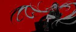  1girl bad_id bad_pixiv_id black_socks floating_hair hat highres legs long_hair lunch_(lunchicken) monochrome original red_background sandals simple_background sitting socks solo twintails very_long_hair 