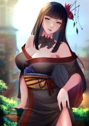 1girl black_collar black_hair black_kimono blunt_bangs blunt_ends blurry blurry_background breasts cleavage collar epiphyllum final_fantasy final_fantasy_xiv flower green_eyes hair_flower hair_ornament hyur japanese_clothes kimono lace_collar large_breasts long_hair mole mole_under_mouth obi obiage obijime off_shoulder pixie_(pixieinktvis) red_lips sash solo spider_lily straight_hair yellow_sash yotsuyu_goe_brutus yuujo rating:Sensitive score:23 user:danbooru