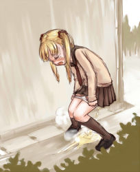  1girl black_footwear blonde_hair blush brown_sailor_collar brown_skirt brown_socks closed_eyes day embarrassed female_focus flat_chest full_body gouchin_(nyou-tou) hair_ornament hair_scrunchie have_to_pee kneehighs knees_together_feet_apart leaning_forward loli long_hair long_sleeves miniskirt neckerchief nose_blush open_mouth original outdoors panties panty_pull pee peeing peeing_self pleated_skirt puddle pulled_by_self red_neckerchief red_scrunchie sailor_collar school_uniform scrunchie serafuku shirt shoes sketch skirt socks solo standing steam tears twintails u_u underwear white_panties yellow_shirt  rating:Questionable score:66 user:Domestic_Importer