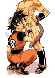  2boys blush clothed_male_nude_male cum cum_on_hair dragon_ball hand_on_head hano_(hanos91) male_focus monkey_tail multiple_boys muscular nude oral son_goku squatting tail yaoi  rating:Explicit score:17 user:ufo